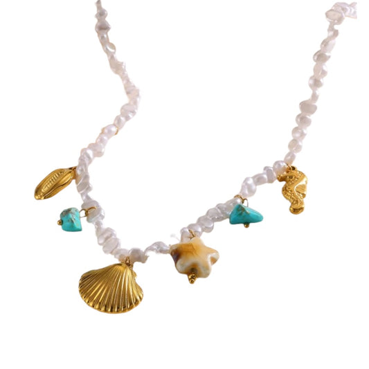 Κολιέ ατσάλινο με πέρλες και charms - NE776