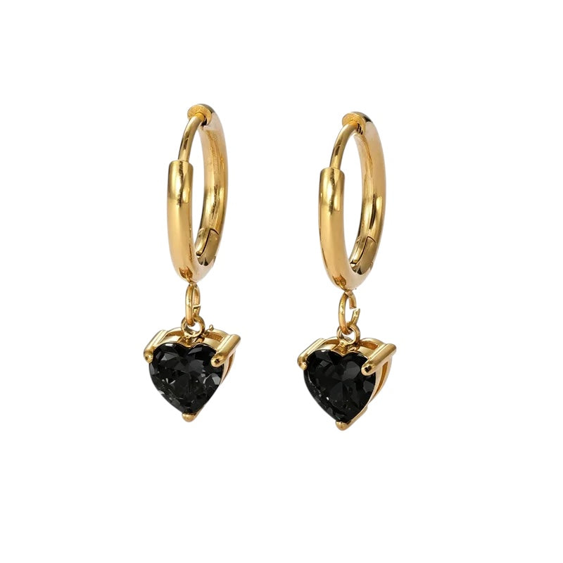 Steel heart earrings with black zircon - EA028