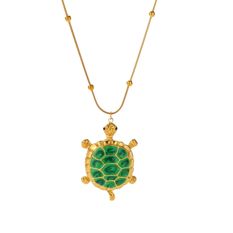 Steel necklace with green turtle - NE689