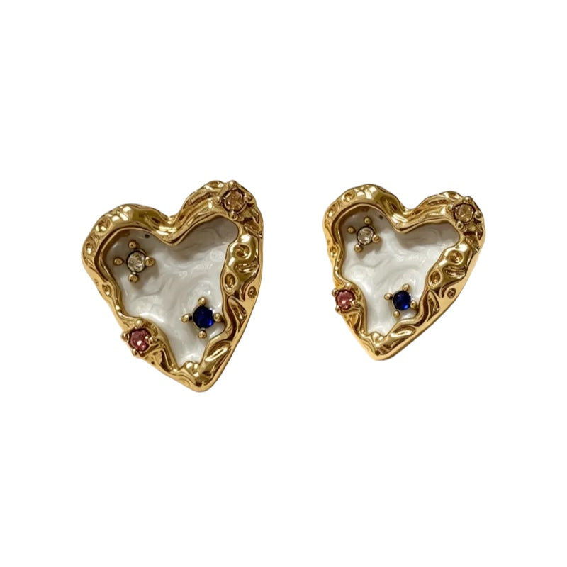 Steel white heart earrings with multicolored rhinestones - EA294