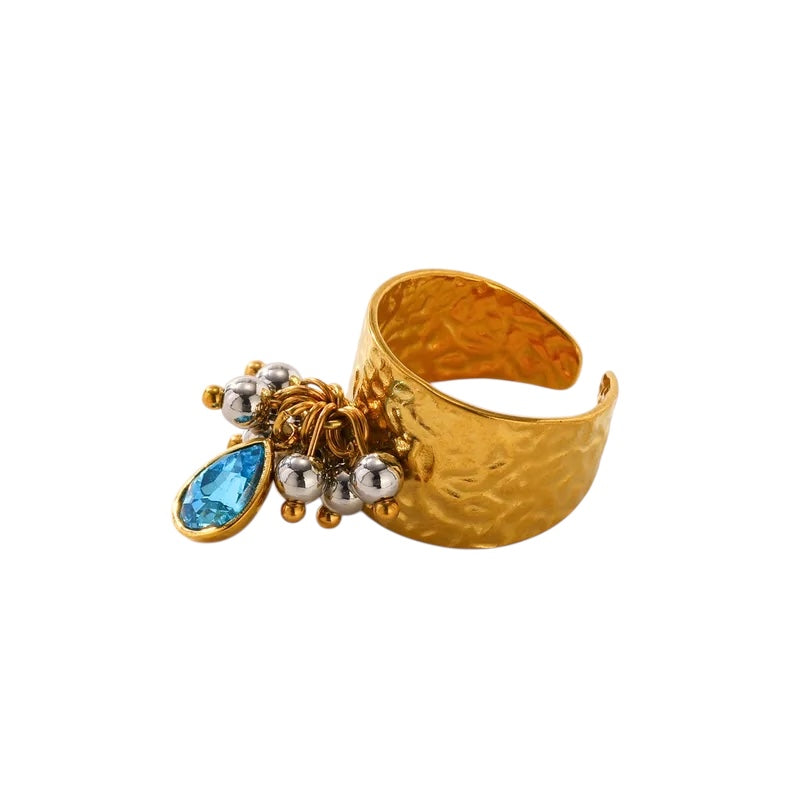 Steel ring with beads and blue stone - R380