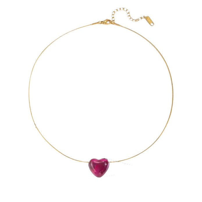 Steel necklace with fuchsia resin heart - NE596