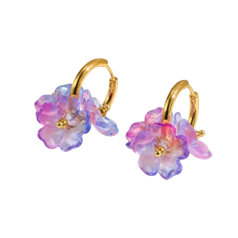 Steel earrings with purple resin flowers - EA632