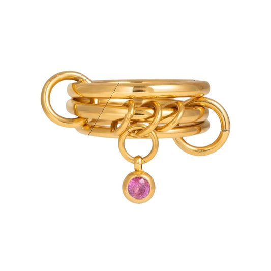 Anillo triple de acero y oro con circonita rosa - R215