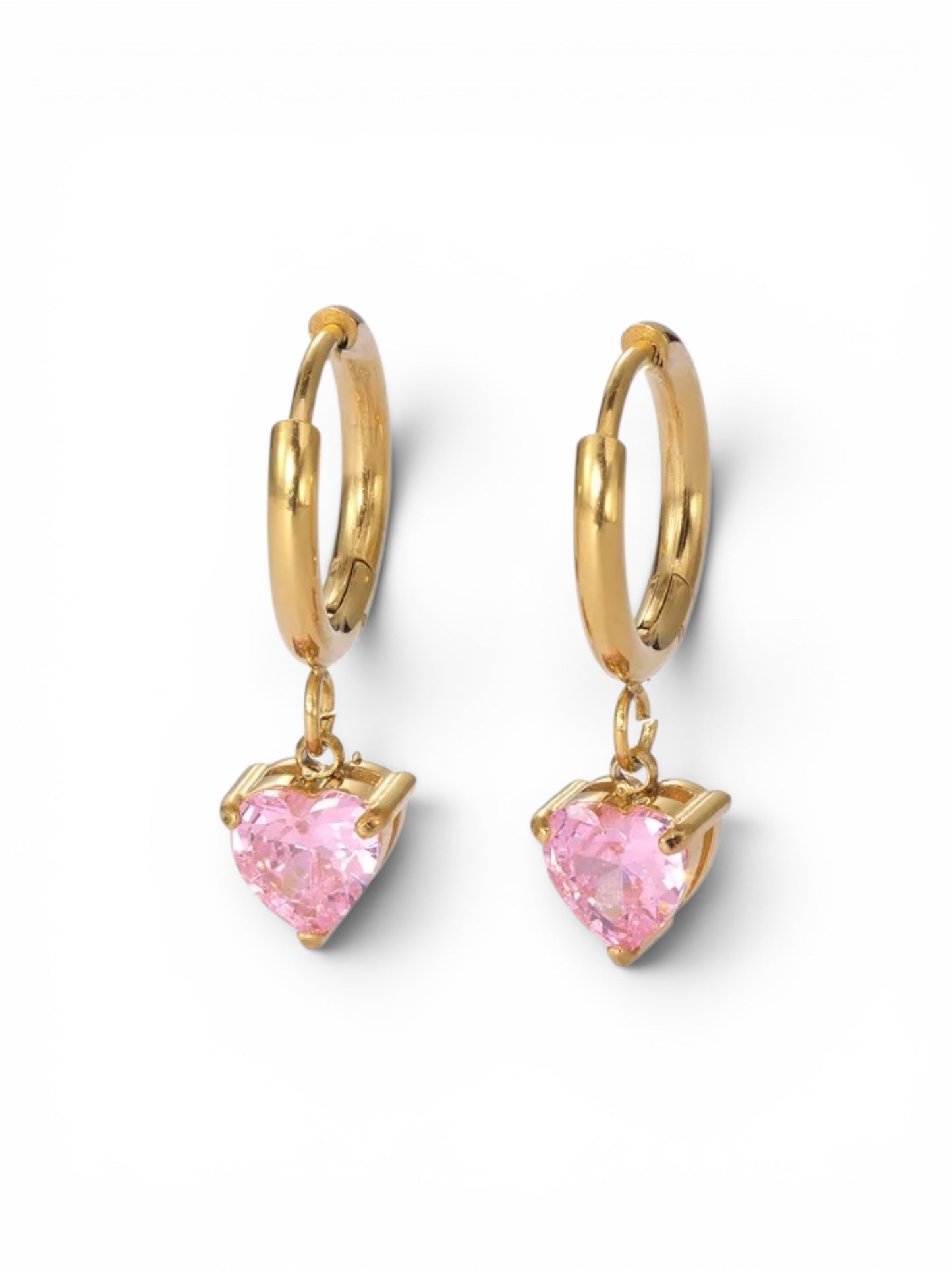 Steel heart earrings with pink zircons- EA022