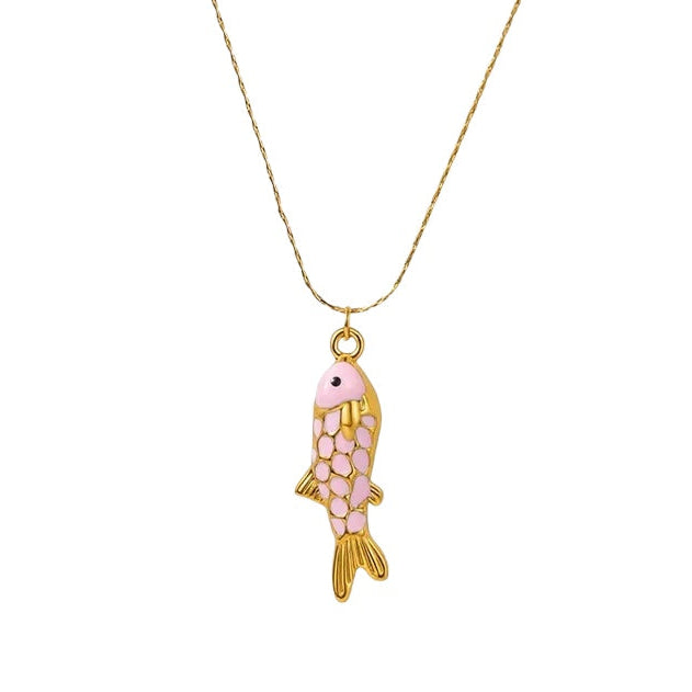 Collier en acier plaqué or avec poisson bleu - NE696