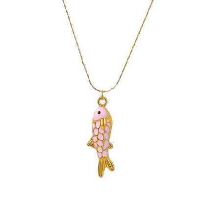 Collier en acier plaqué or avec poisson bleu - NE696