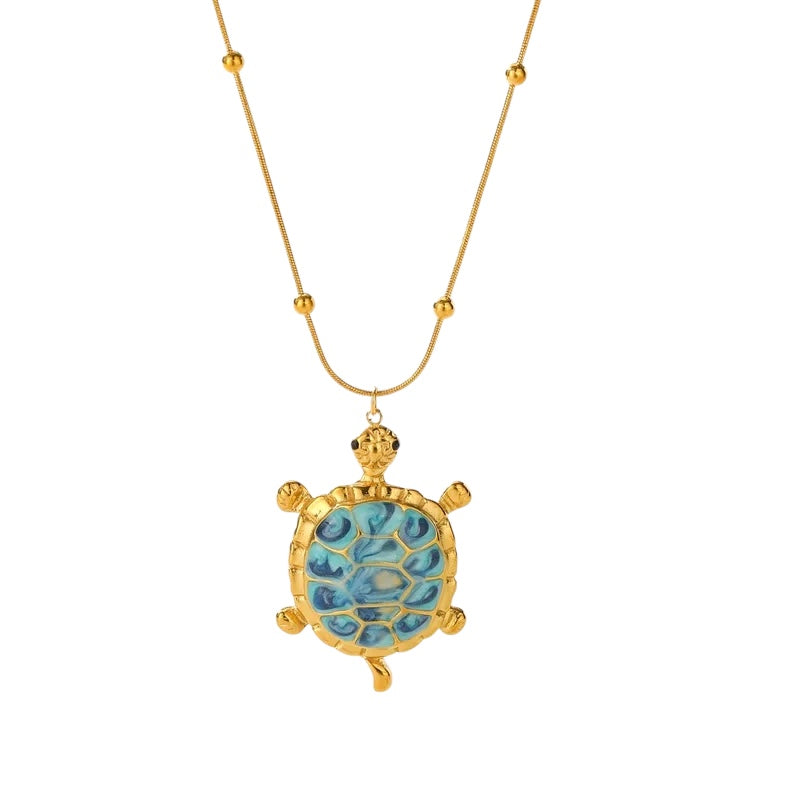Collier en acier avec tortue bleue - NE651