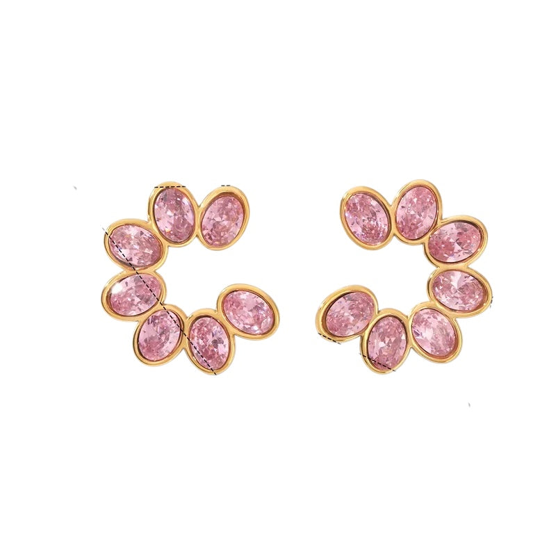 Orecchini grandi in acciaio placcato oro con zircone rosa-EA411