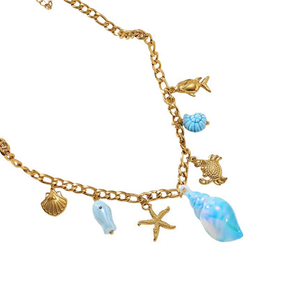 Steel necklace with blue and gold charms - NE640