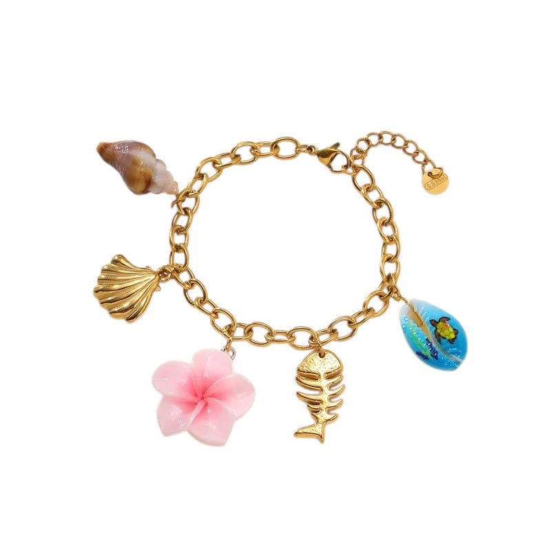 Stahlarmband mit Anhängern und rosa Blume – BR416