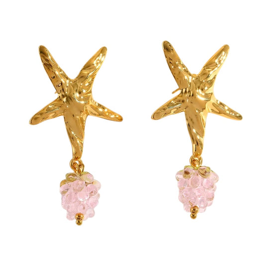 Steel earrings with starfish and pink grapes - EA775