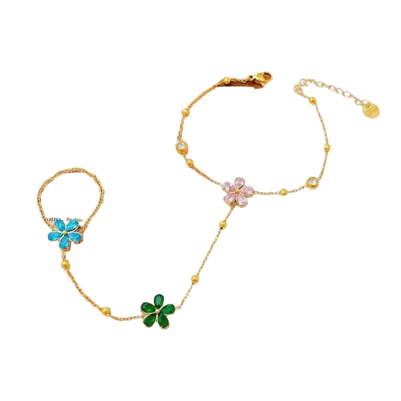 Steel ring bracelet with zircon flowers - BR343