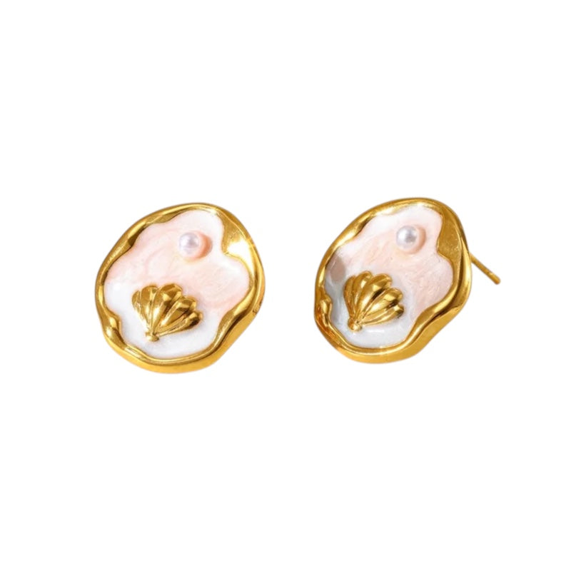 Steel shell earrings white with pearl - EA756