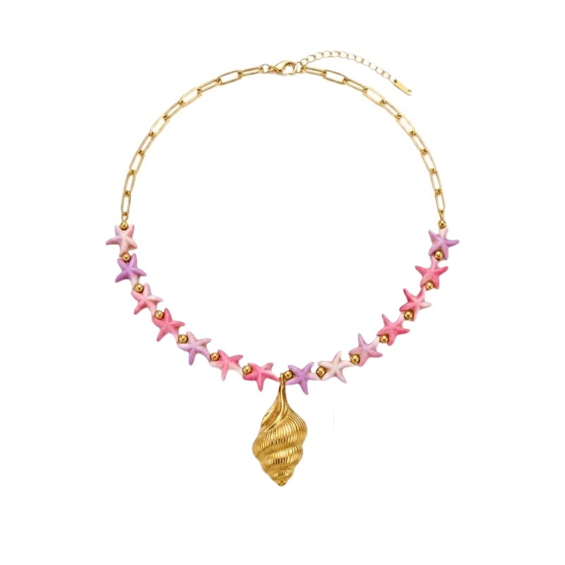 Steel necklace with pink zircon hearts - NE426