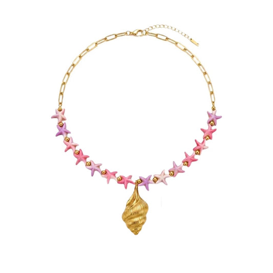 Steel necklace with pink zircon hearts - NE426