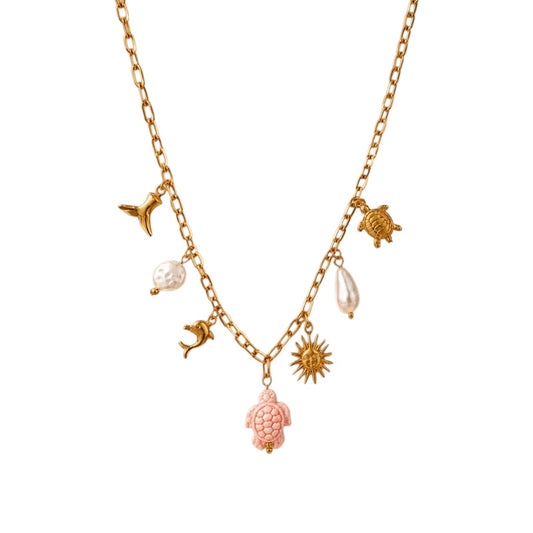 Steel necklace with pink zircon hearts - NE426