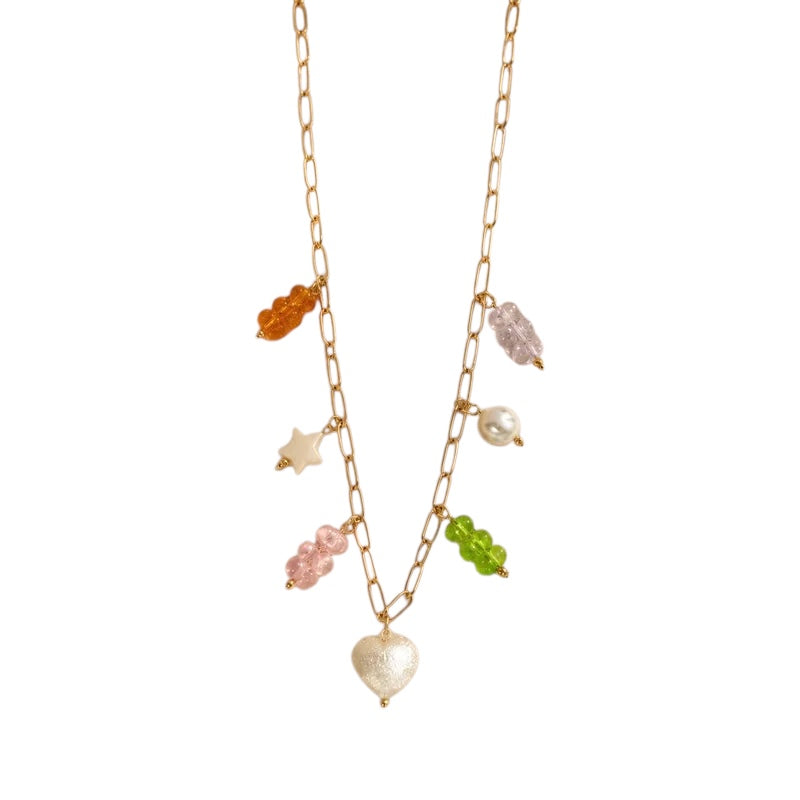 Steel necklace with pink zircon hearts - NE426