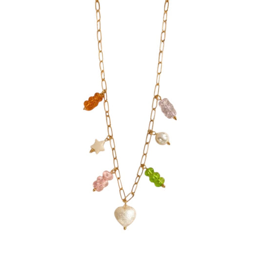 Steel necklace with pink zircon hearts - NE426