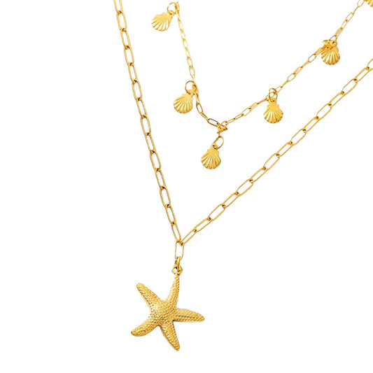 Necklace with blue beads and steel starfish - NE449
