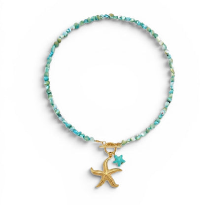 Collana con perle blu e stella marina in acciaio - NE449