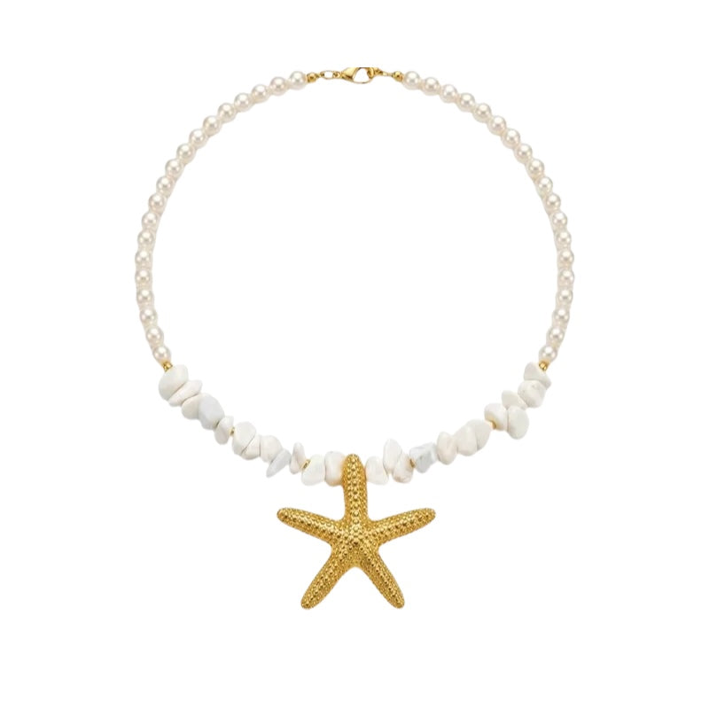 Necklace with blue beads and steel starfish - NE449
