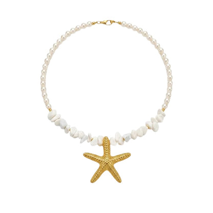 Necklace with blue beads and steel starfish - NE449