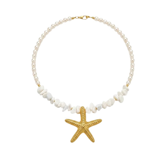 Collar con cuentas azules y estrella de mar de acero - NE449