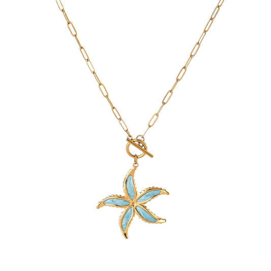 Necklace with blue beads and steel starfish - NE449