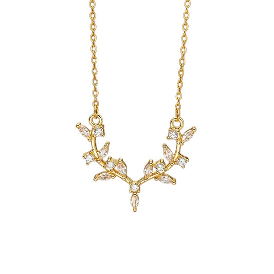 Steel gold necklace with branches and zircon - NE725
