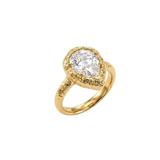Steel gold ring with teardrop zircon - R106