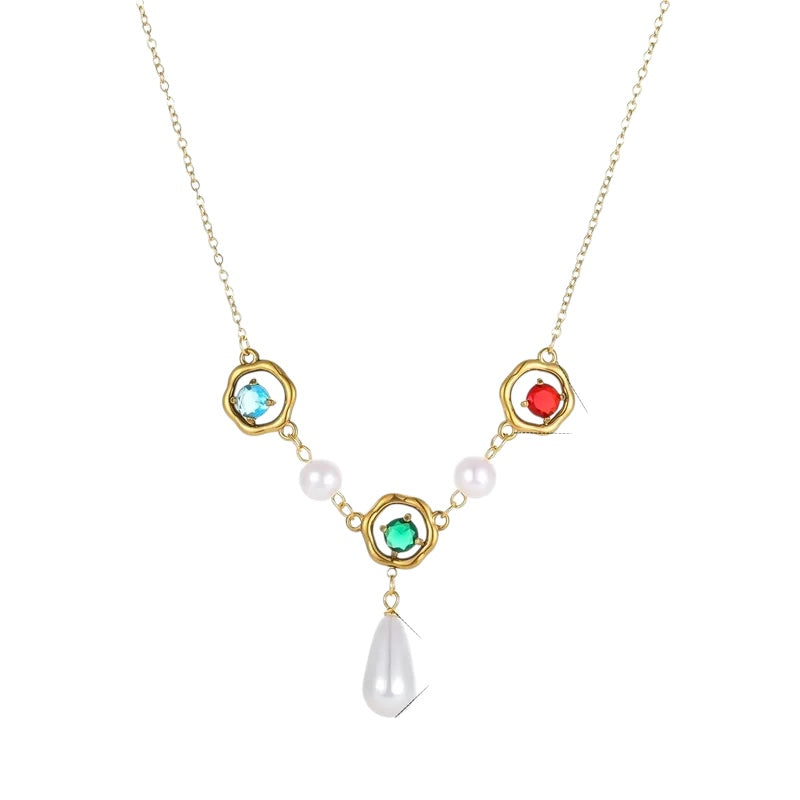 Steel necklace with pearls and colorful rhinestones - NE442