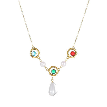 Steel necklace with pearls and colorful rhinestones - NE442