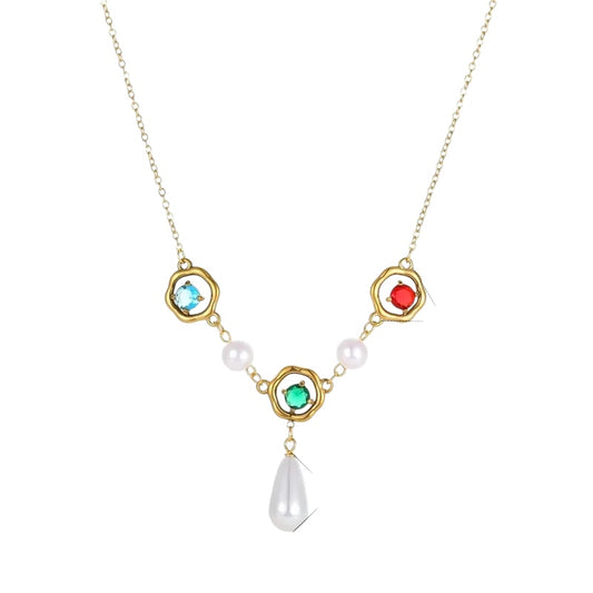 Steel necklace with pearls and colorful rhinestones - NE442
