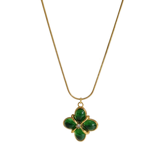 Steel flower necklace with green stones- NE672