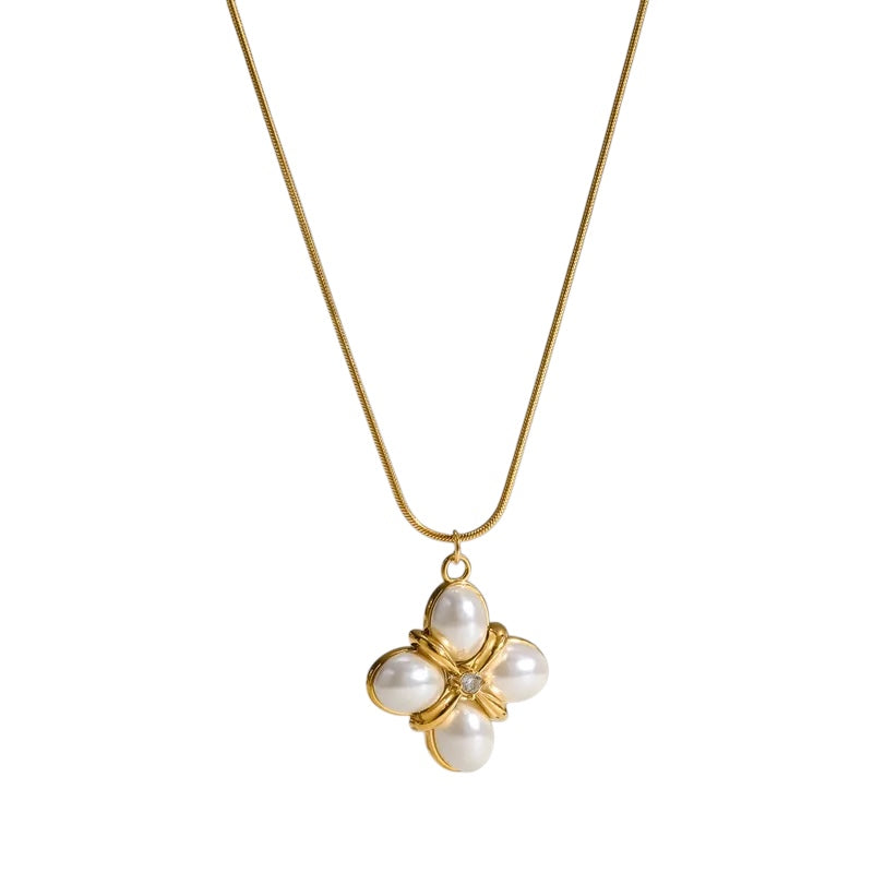 Steel flower necklace with pearls- NE673