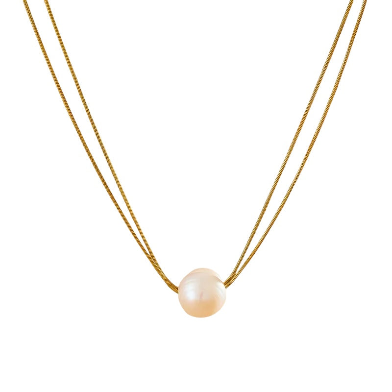 Stahlhalskette mit Doppelkette und Perle – NE544