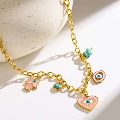 Colier din oțel placat cu aur cu ochi roz-NE034