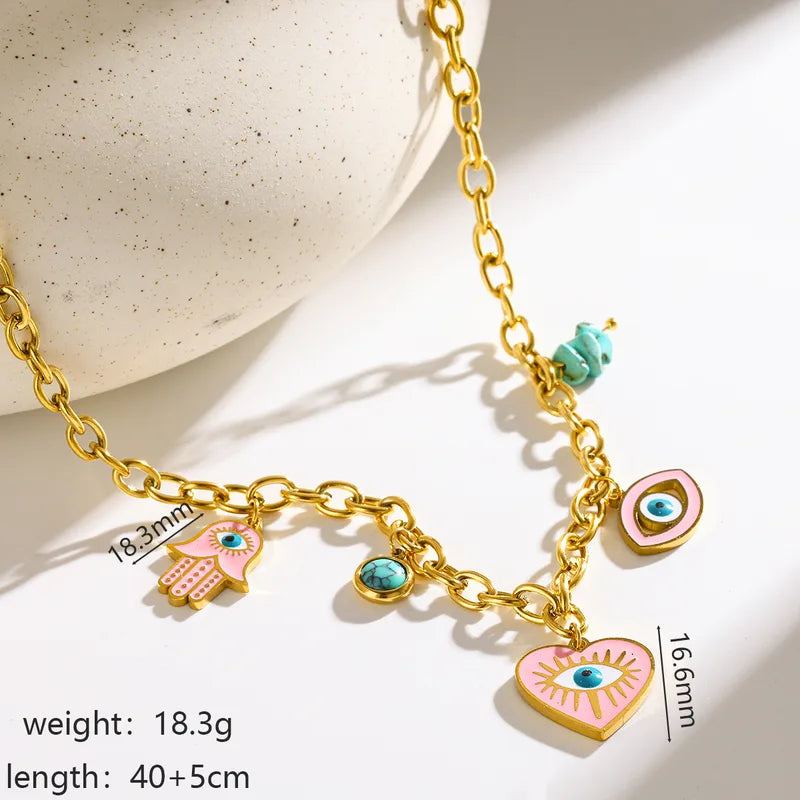 Colier din oțel placat cu aur cu ochi roz-NE034