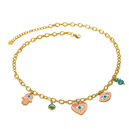 Colier din oțel placat cu aur cu ochi roz-NE034