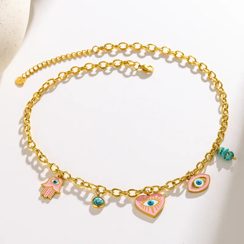 Colier din oțel placat cu aur cu ochi roz-NE034