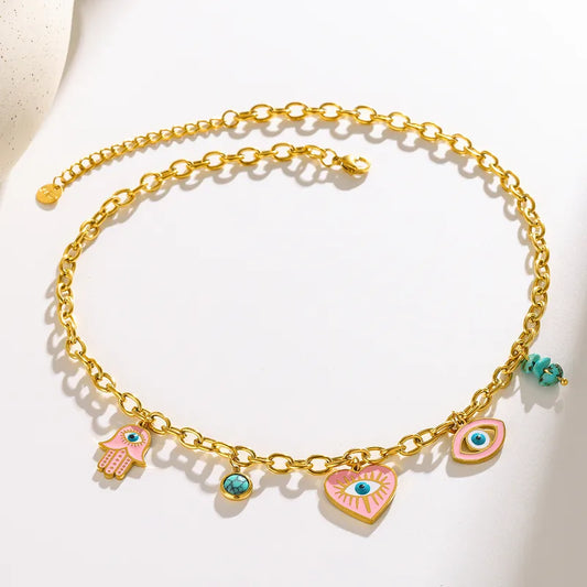 Colier din oțel placat cu aur cu ochi roz-NE034