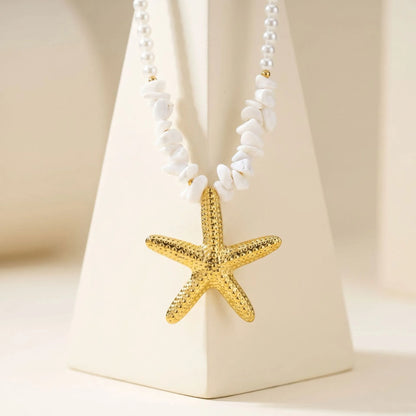 Necklace with blue beads and steel starfish - NE449