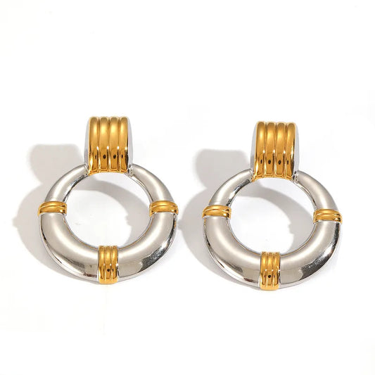 Σκουλαρίκια ατσάλι στρόγγυλο με χρυσές λεπτομέρειες-EA263
