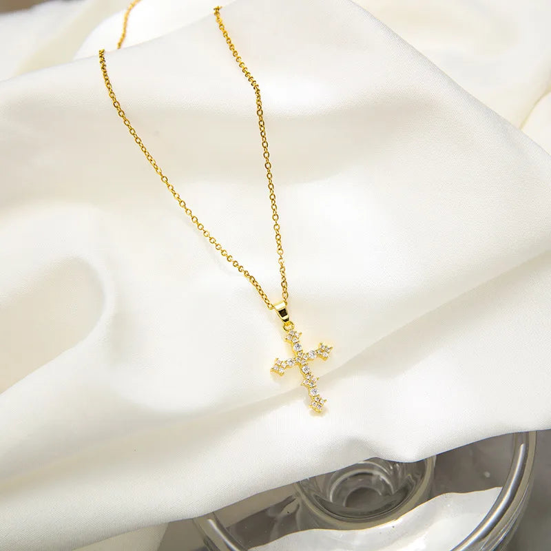 Colier din oțel auriu cu cruce de strass-NE419