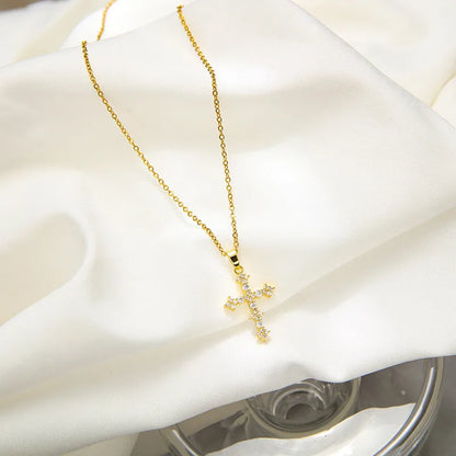 Colier din oțel auriu cu cruce de strass-NE419