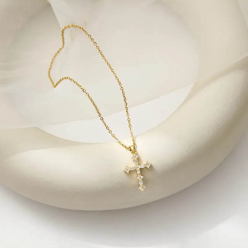 Colier din oțel auriu cu cruce de strass-NE419