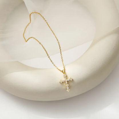 Colier din oțel auriu cu cruce de strass-NE419