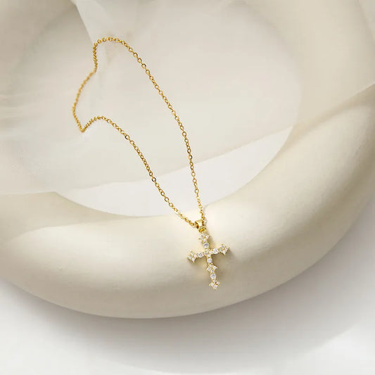 Κολιέ χρυσό ατσάλι με σταυρό στρας-NE419