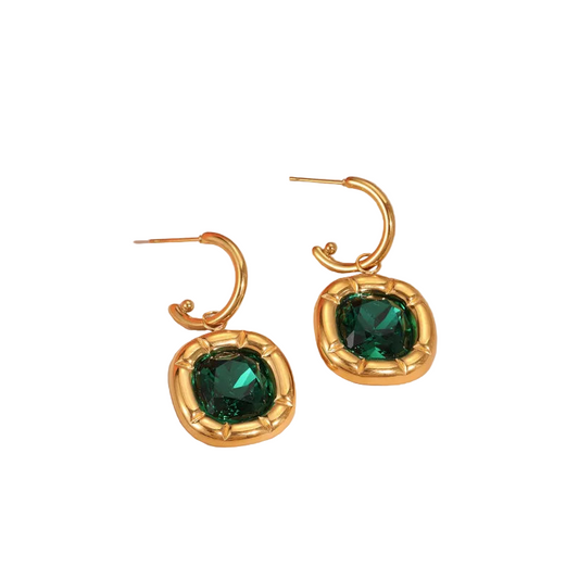 Earrings Gold Plum Curved Bloc with Green Zircon-EA506